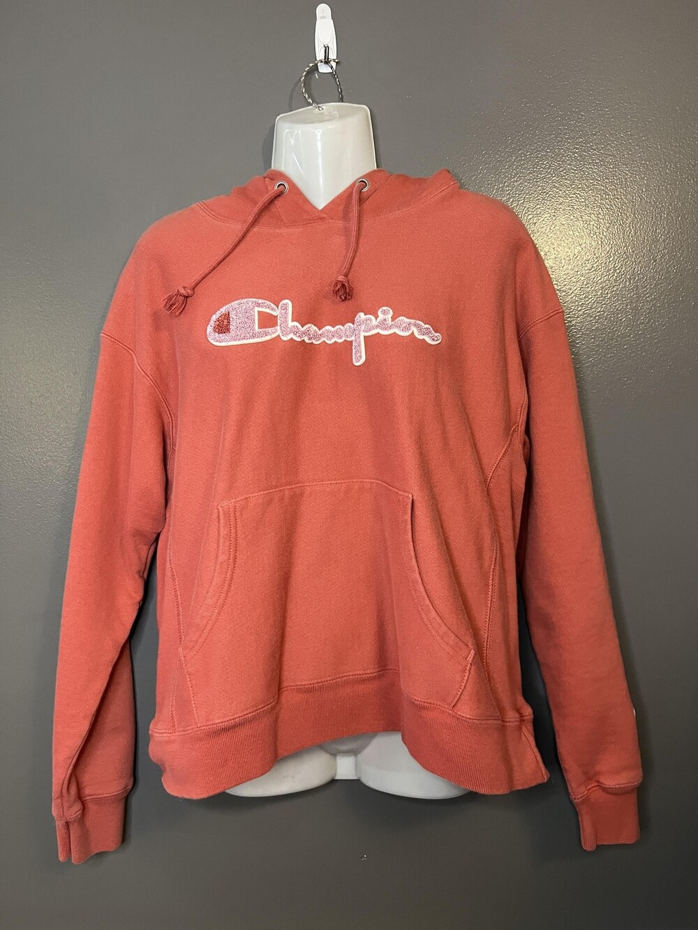Champion Hoodie Womens Large Coral Reverse Weave Pullover Chenille Logo GF857